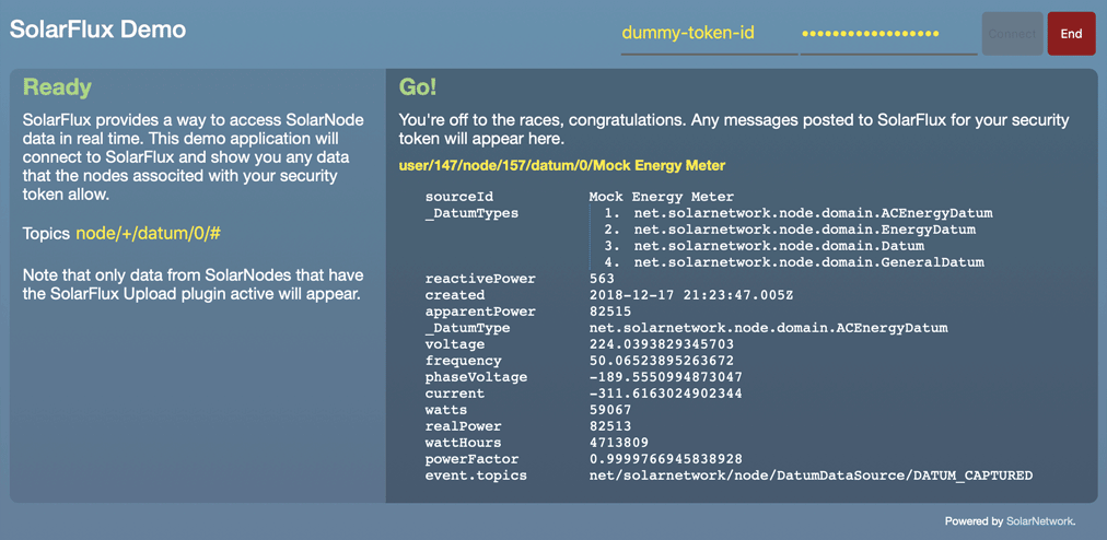 SolarFlux demo application screen shot