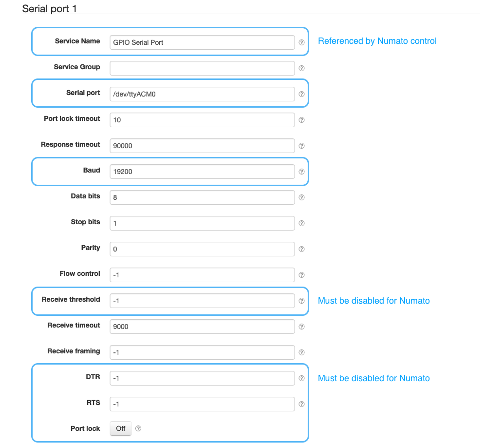 Serial port settings
