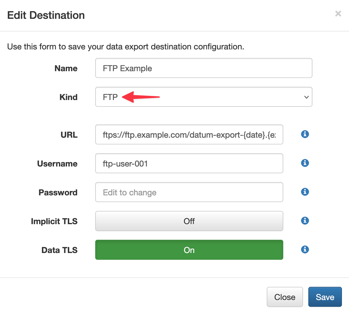SolarUser UI form to configure an FTP export destination