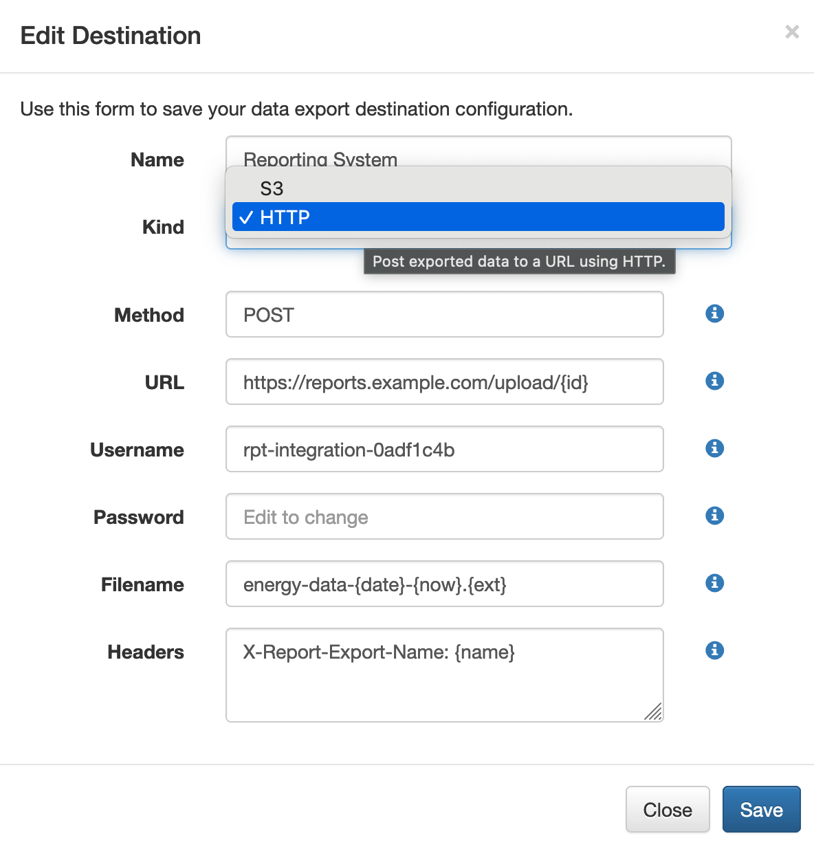 SolarUser UI form to configure an HTTP export destination