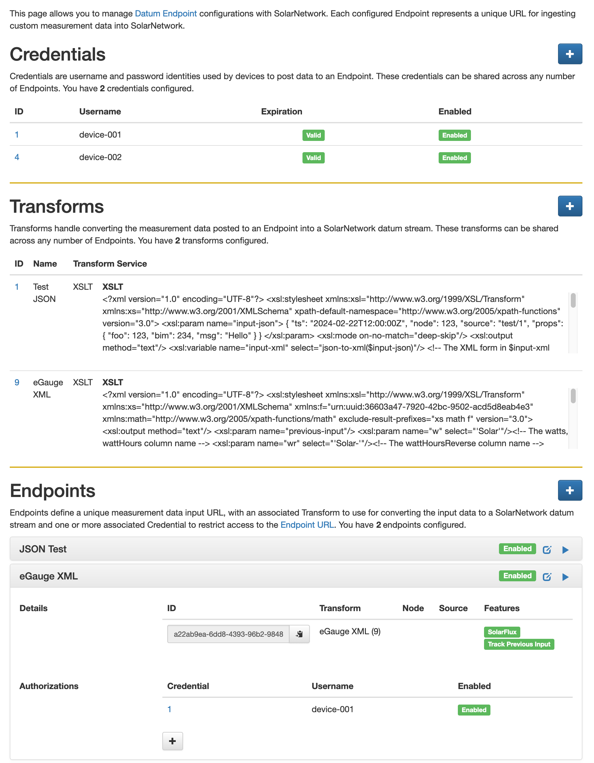Screen shot of the DIN management UI