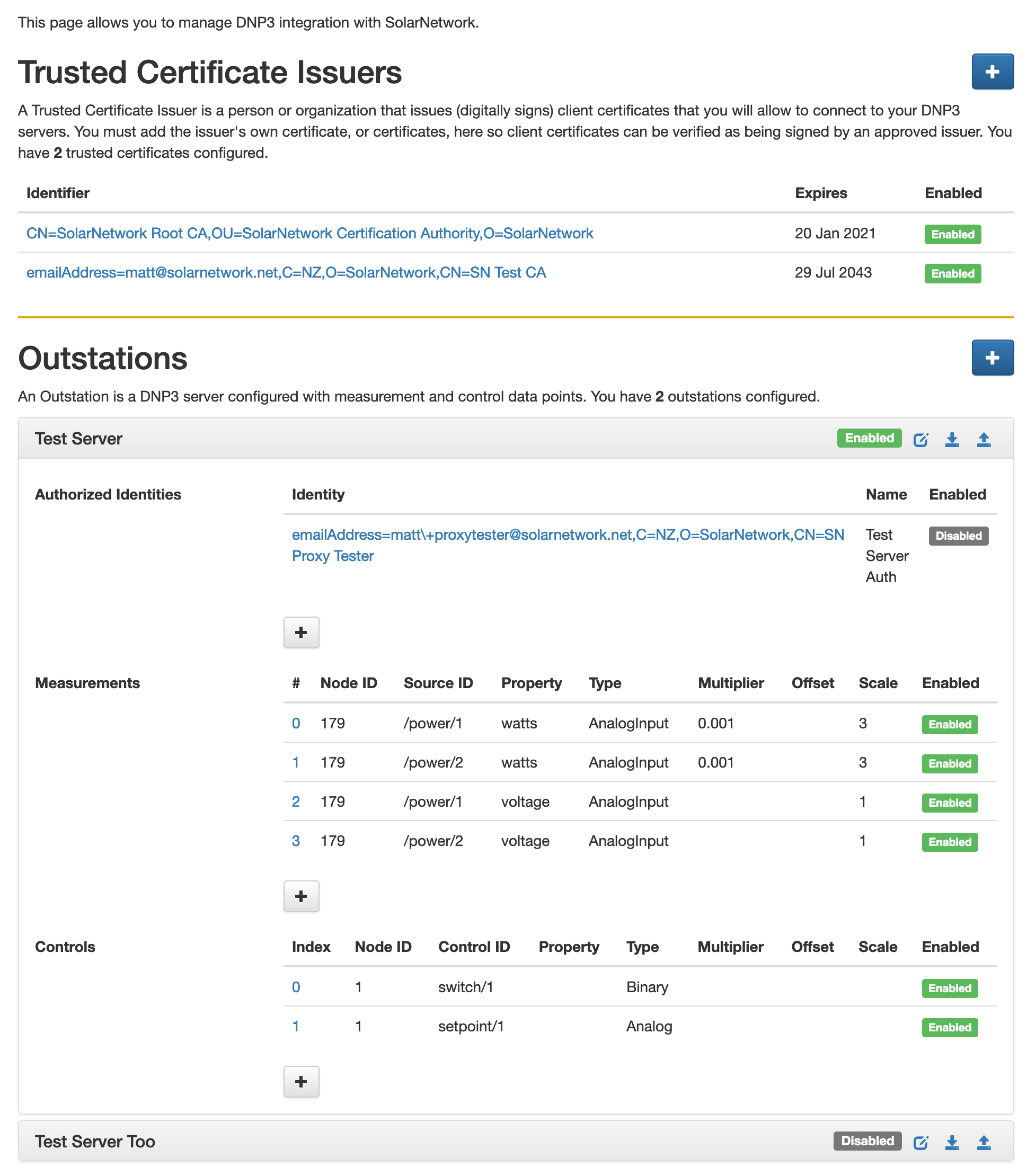 Screen shot of the DNP3 management UI in SolarNetwork